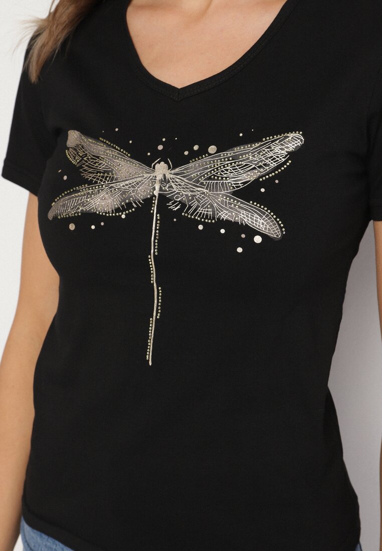 Czarny Bawełniany T-shirt z Motywem Ważki i Cyrkoniami Ulimira