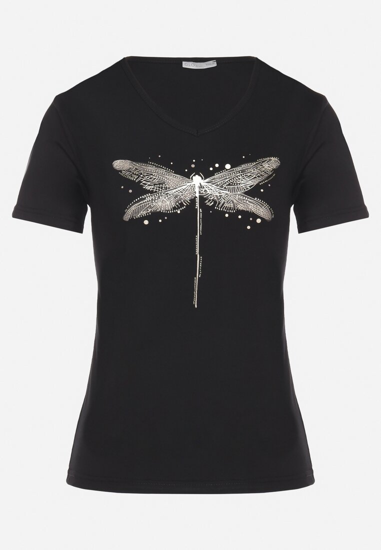 Czarny Bawełniany T-shirt z Motywem Ważki i Cyrkoniami Ulimira