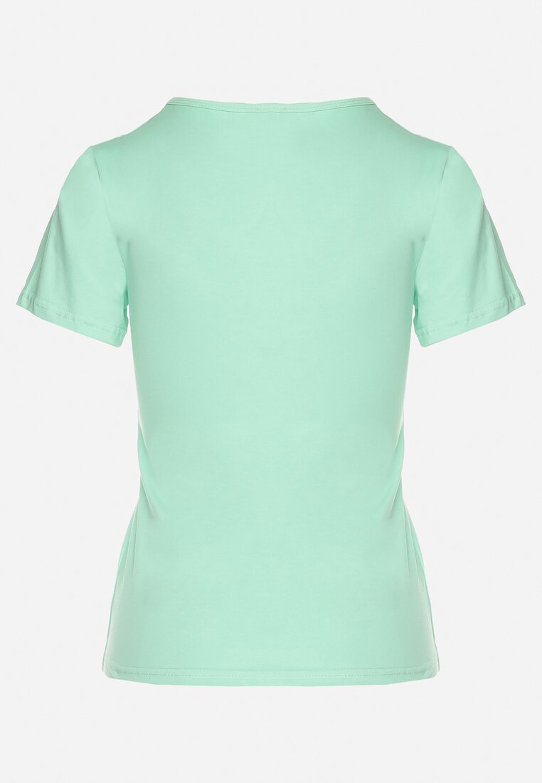 Jasnozielony Bawełniany T-shirt z Dekoltem w Serek z Cyrkoniową Aplikacją Nirivale