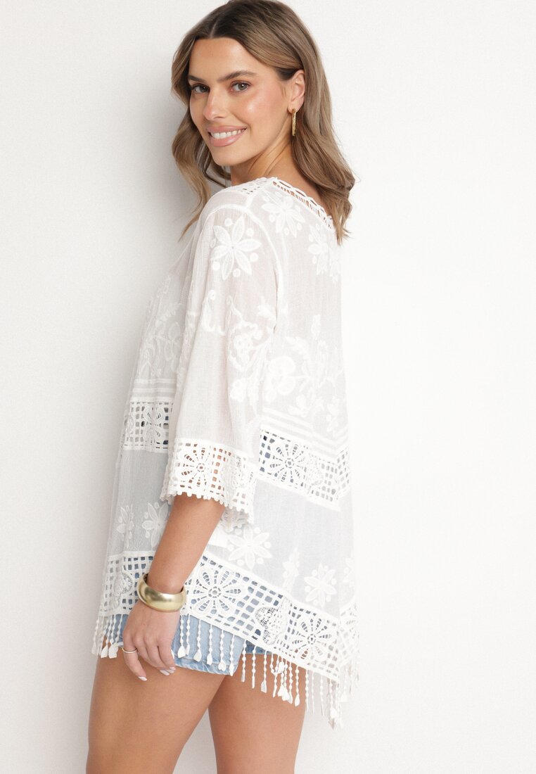 Biała Bawełniana Bluzka Oversize w Stylu Boho z Haftem i Koroną Maivienne
