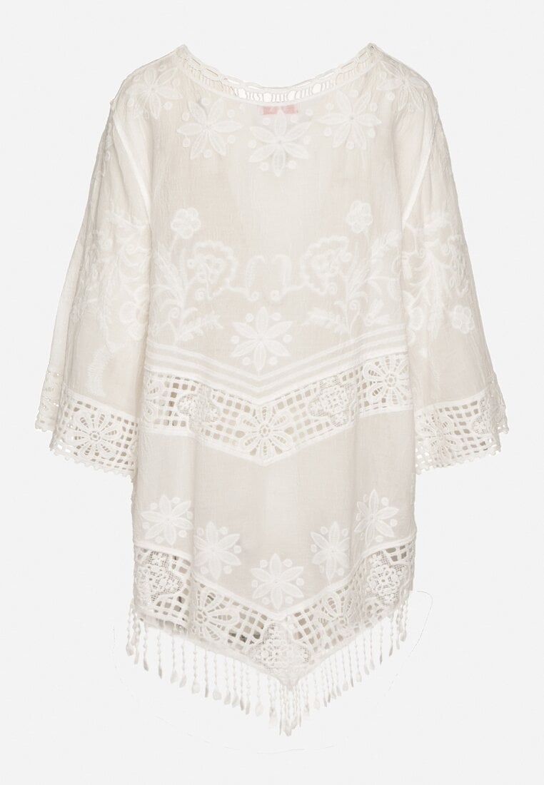 Biała Bawełniana Bluzka Oversize w Stylu Boho z Haftem i Koroną Maivienne