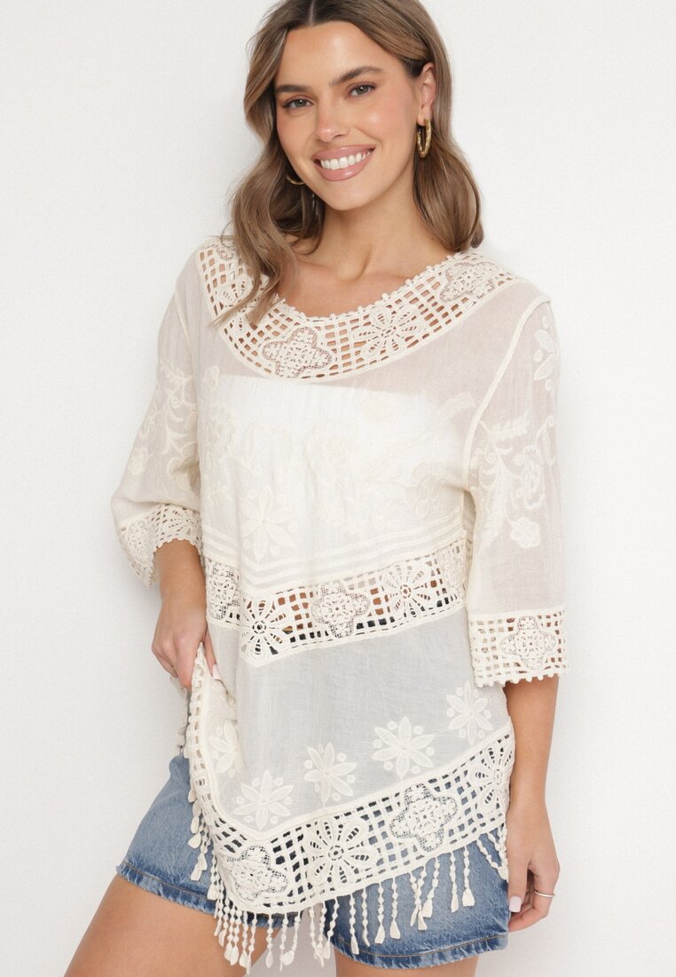 Jasnobeżowa Bawełniana Bluzka Oversize w Stylu Boho z Haftem i Koroną Maivienne