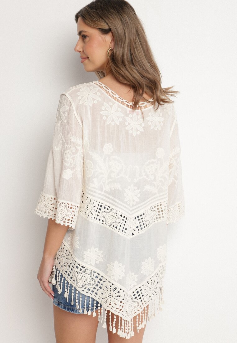 Jasnobeżowa Bawełniana Bluzka Oversize w Stylu Boho z Haftem i Koroną Maivienne