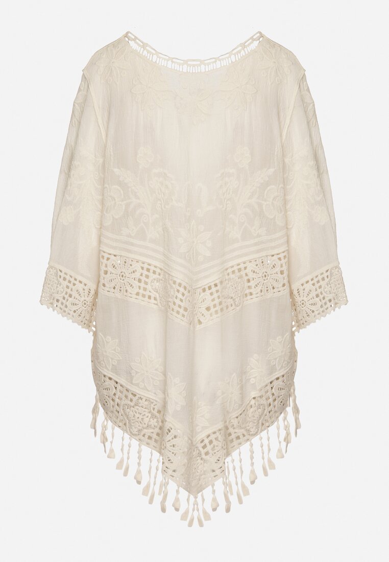 Jasnobeżowa Bawełniana Bluzka Oversize w Stylu Boho z Haftem i Koroną Maivienne