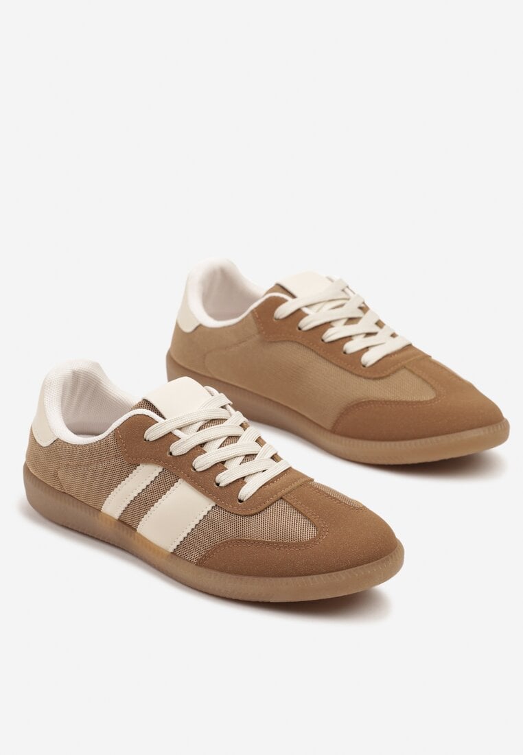 Ciemnobeżowe Sneakersy Tenisówki z Ozdobnymi Paskami Jenavena