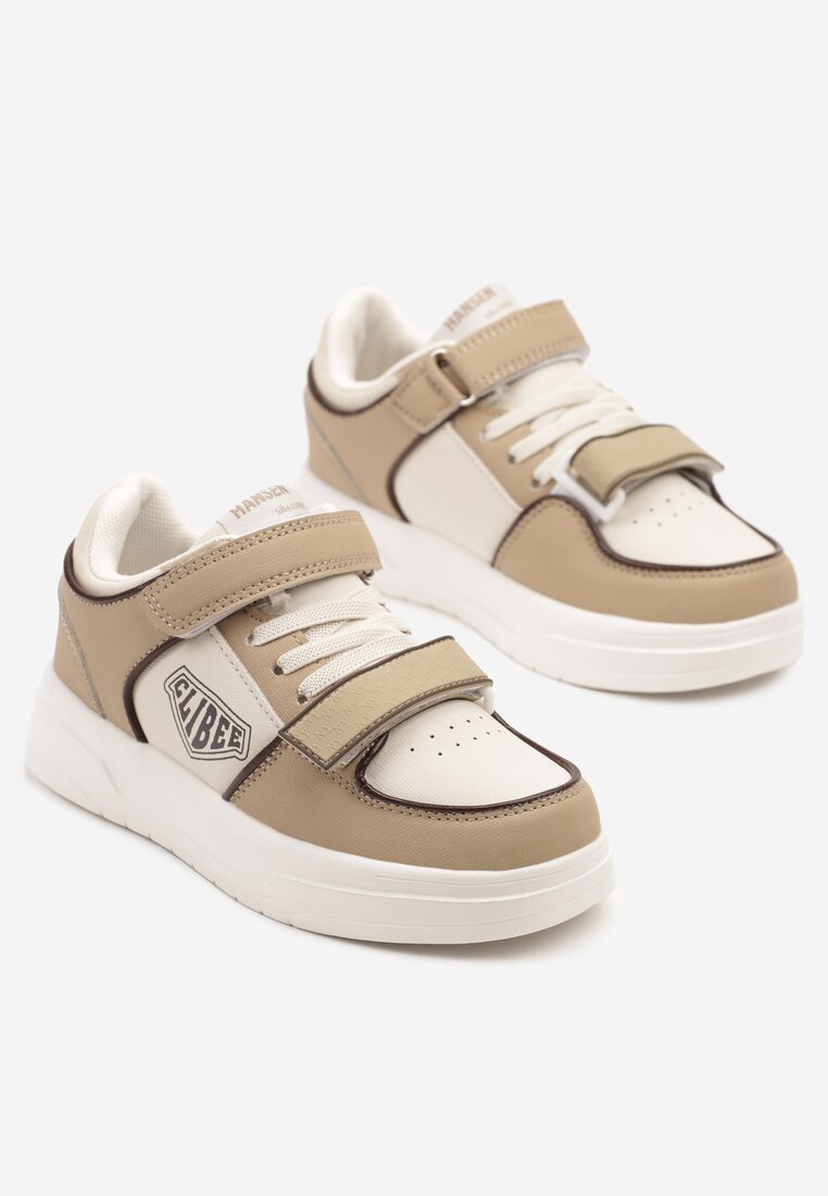 Ciemnobeżowe Buty Sportowe Sneakersy z Nadrukiem i Zapięciem na Rzep Nailla