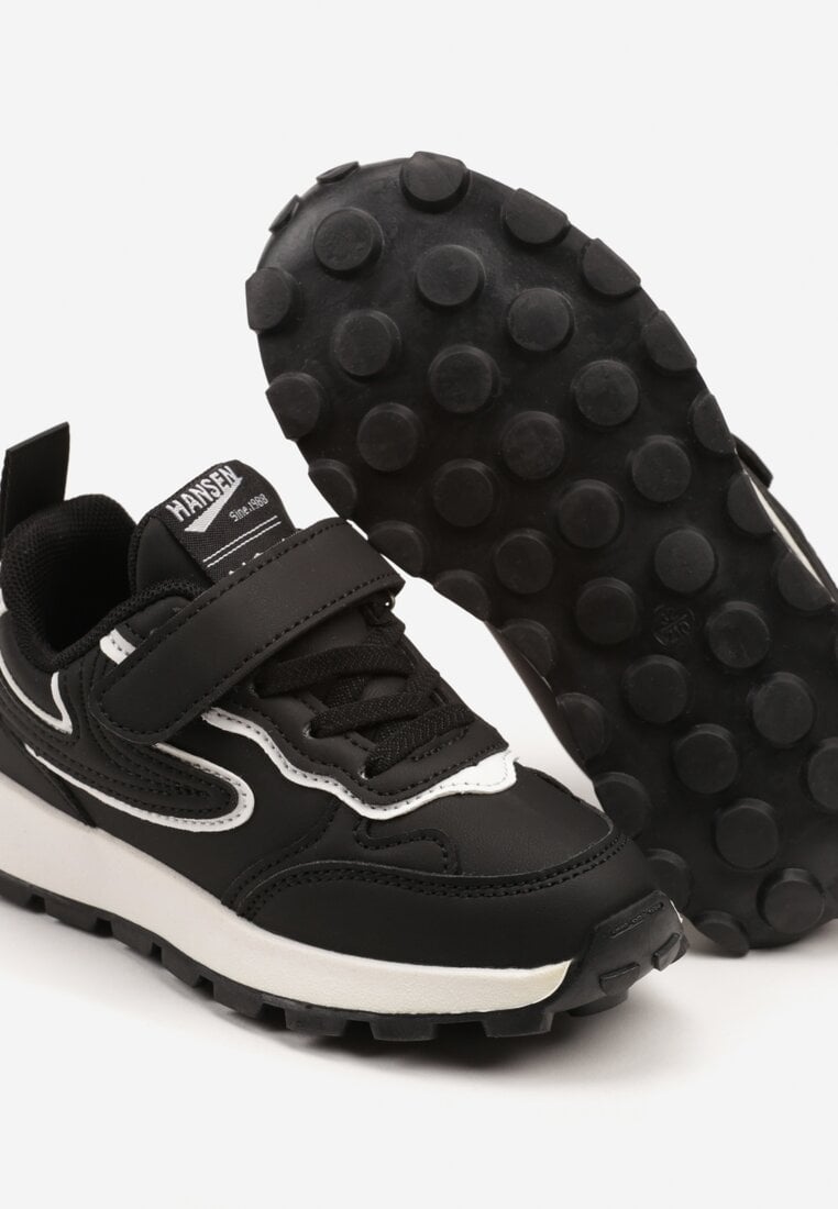 Czarno-Białe Buty Sportowe Sneakersy z Ozdobnymi Przeszyciami i Rzepem Napea