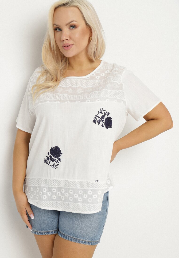 Biały T-shirt Bluzka z Krótkim Rękawem z Ozdobnym Haftem Tesgia