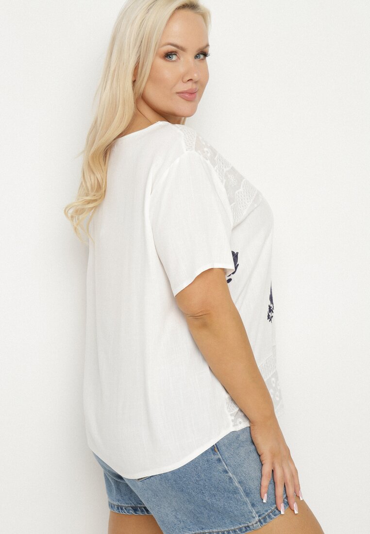 Biały T-shirt Bluzka z Krótkim Rękawem z Ozdobnym Haftem Tesgia