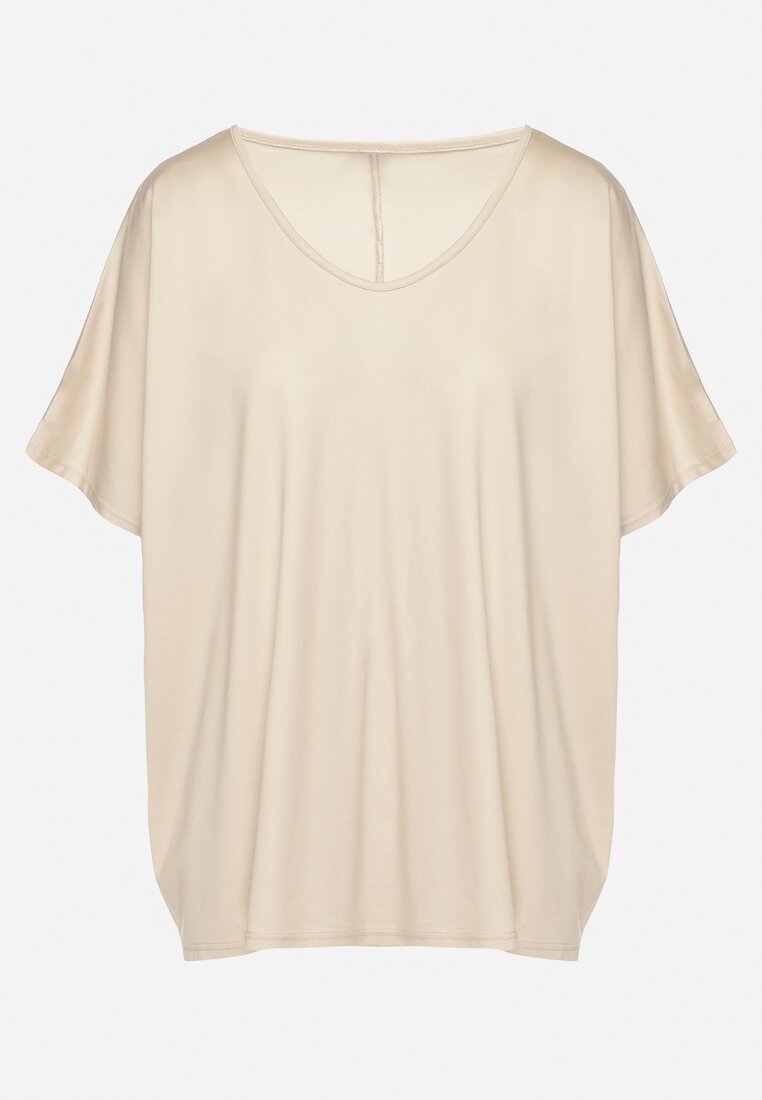 Beżowy T-shirt z Wiskozą o Kroju Nietoperza Liosma