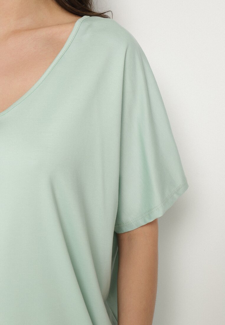 Jasnozielony T-shirt z Wiskozą o Kroju Nietoperza Liosma