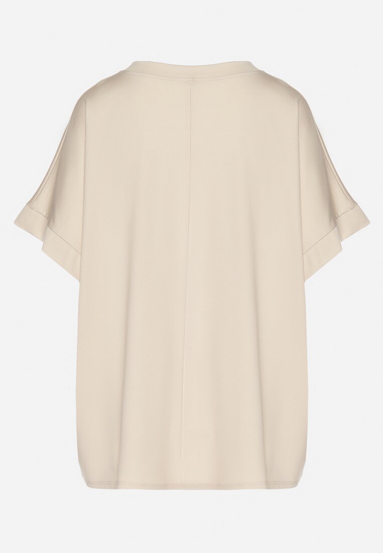 Beżowy T-shirt z Wiskozą o Kroju Nietoperza Tanariona