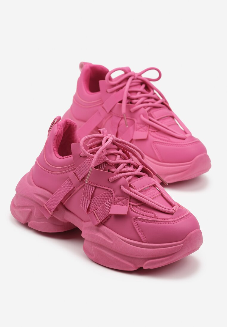 Fuksjowe Sneakersy na Grubej Podeszwie Ozdobione Tłoczeniem Soniella