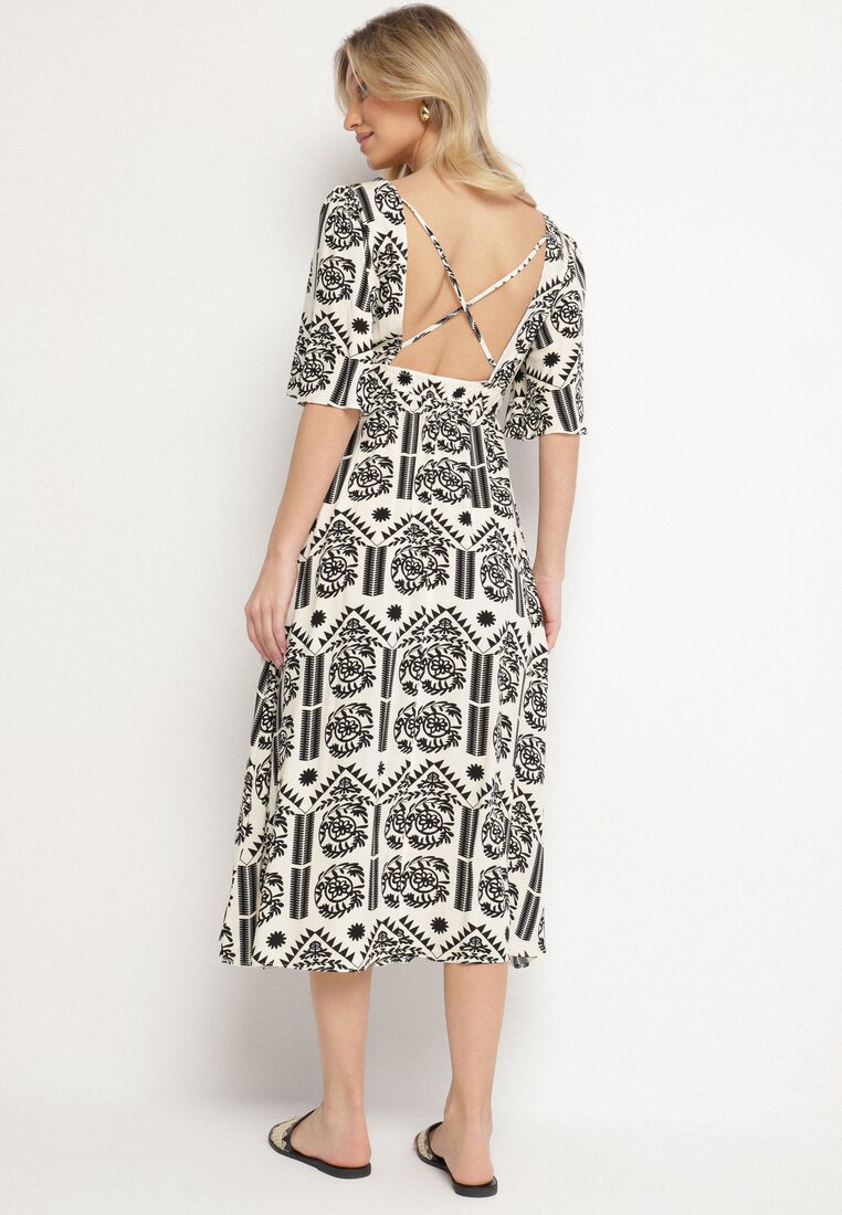 Czarno-Kremowa Sukienka Wiskozowa Rozkloszowana z Odkrytymi Plecami w Print Boho Turaisa