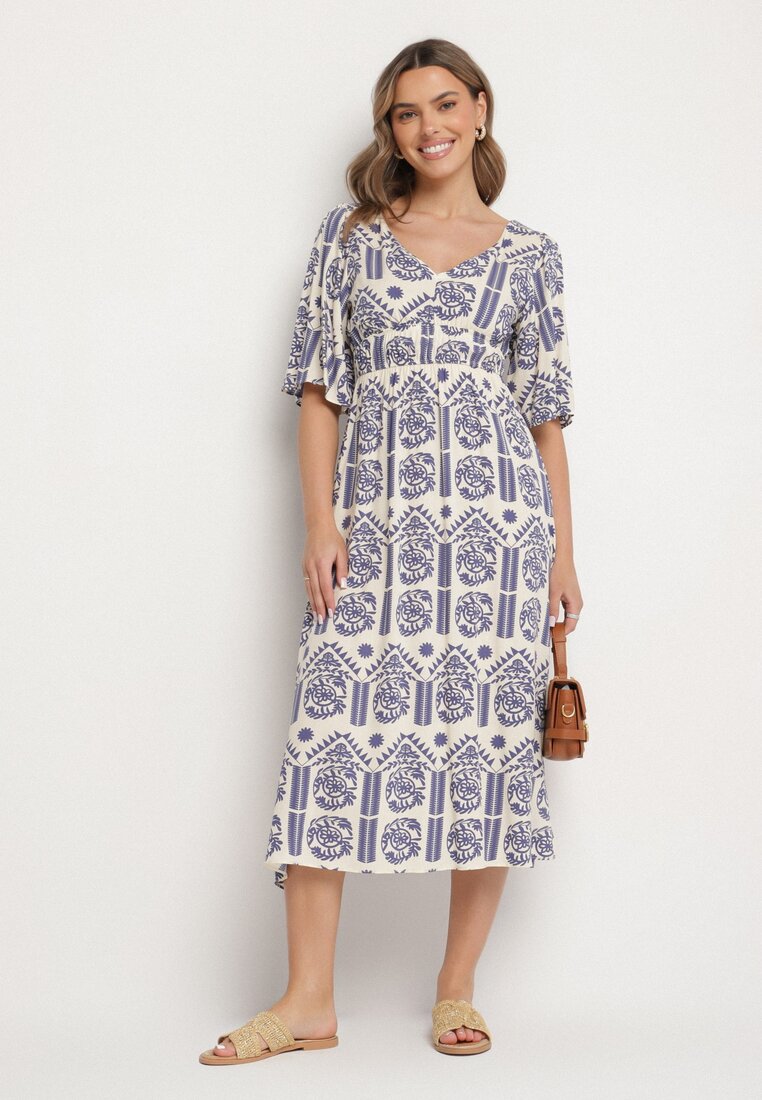 Niebiesko-Kremowa Sukienka Wiskozowa Rozkloszowana z Odkrytymi Plecami w Print Boho Turaisa