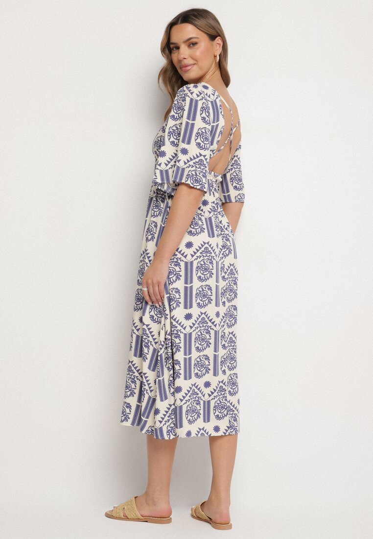Niebiesko-Kremowa Sukienka Wiskozowa Rozkloszowana z Odkrytymi Plecami w Print Boho Turaisa