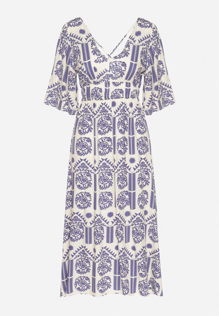 Niebiesko-Kremowa Sukienka Wiskozowa Rozkloszowana z Odkrytymi Plecami w Print Boho Turaisa