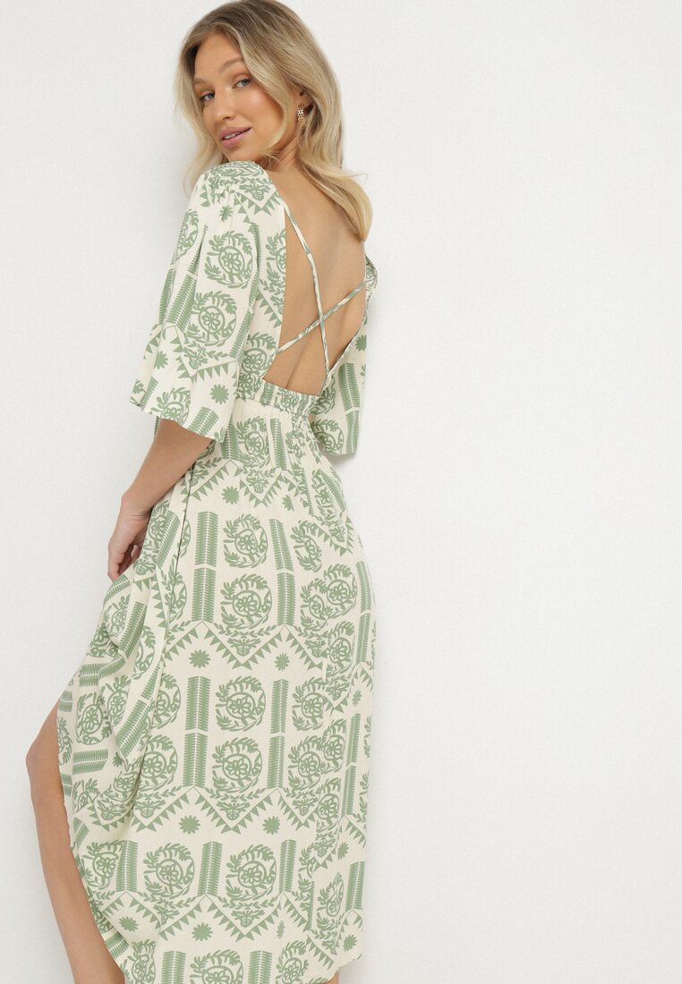 Zielono-Kremowa Sukienka Wiskozowa Rozkloszowana z Odkrytymi Plecami w Print Boho Turaisa