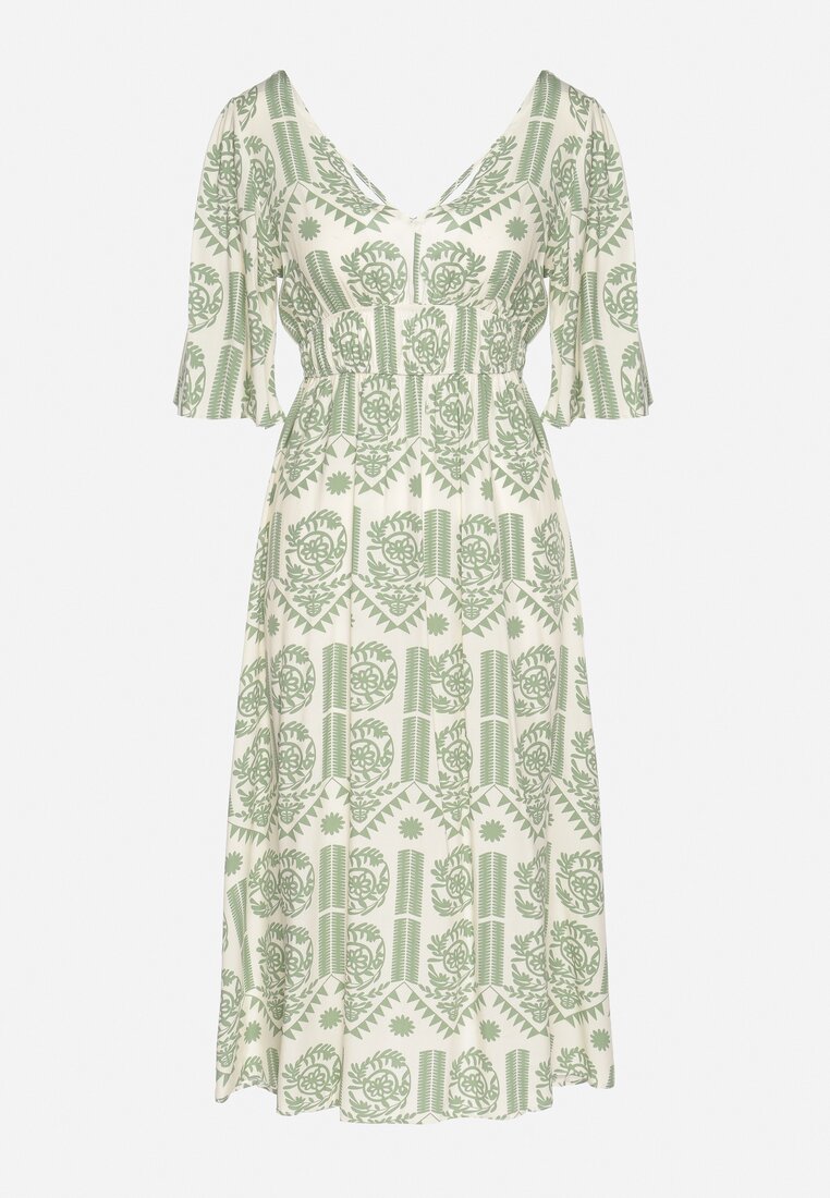 Zielono-Kremowa Sukienka Wiskozowa Rozkloszowana z Odkrytymi Plecami w Print Boho Turaisa