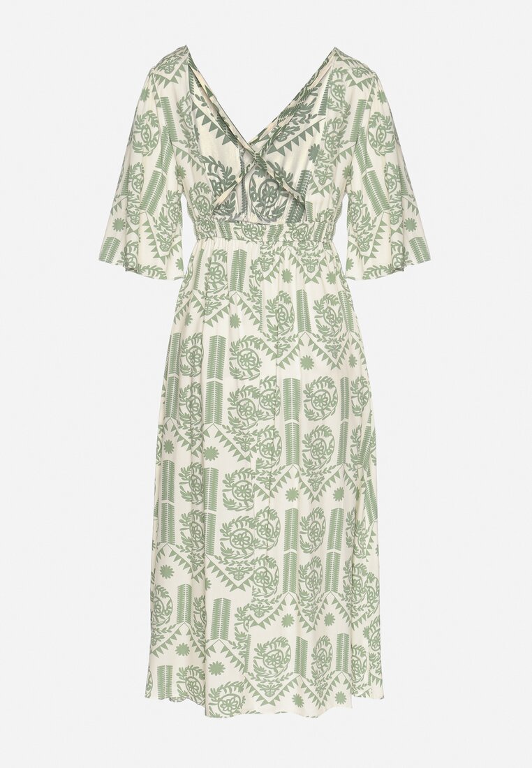 Zielono-Kremowa Sukienka Wiskozowa Rozkloszowana z Odkrytymi Plecami w Print Boho Turaisa