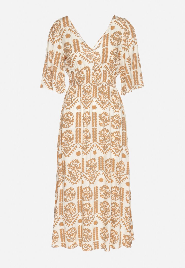 Ciemnobeżowa Sukienka Wiskozowa Rozkloszowana z Odkrytymi Plecami w Print Boho Turaisa