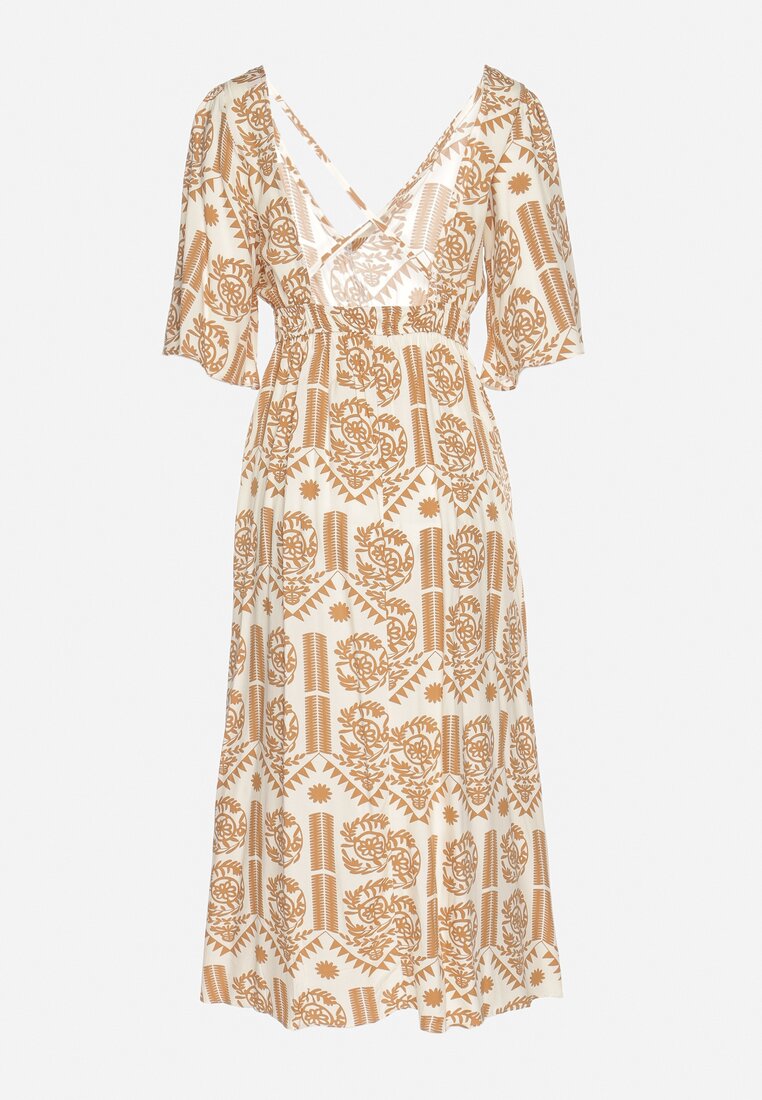 Ciemnobeżowa Sukienka Wiskozowa Rozkloszowana z Odkrytymi Plecami w Print Boho Turaisa