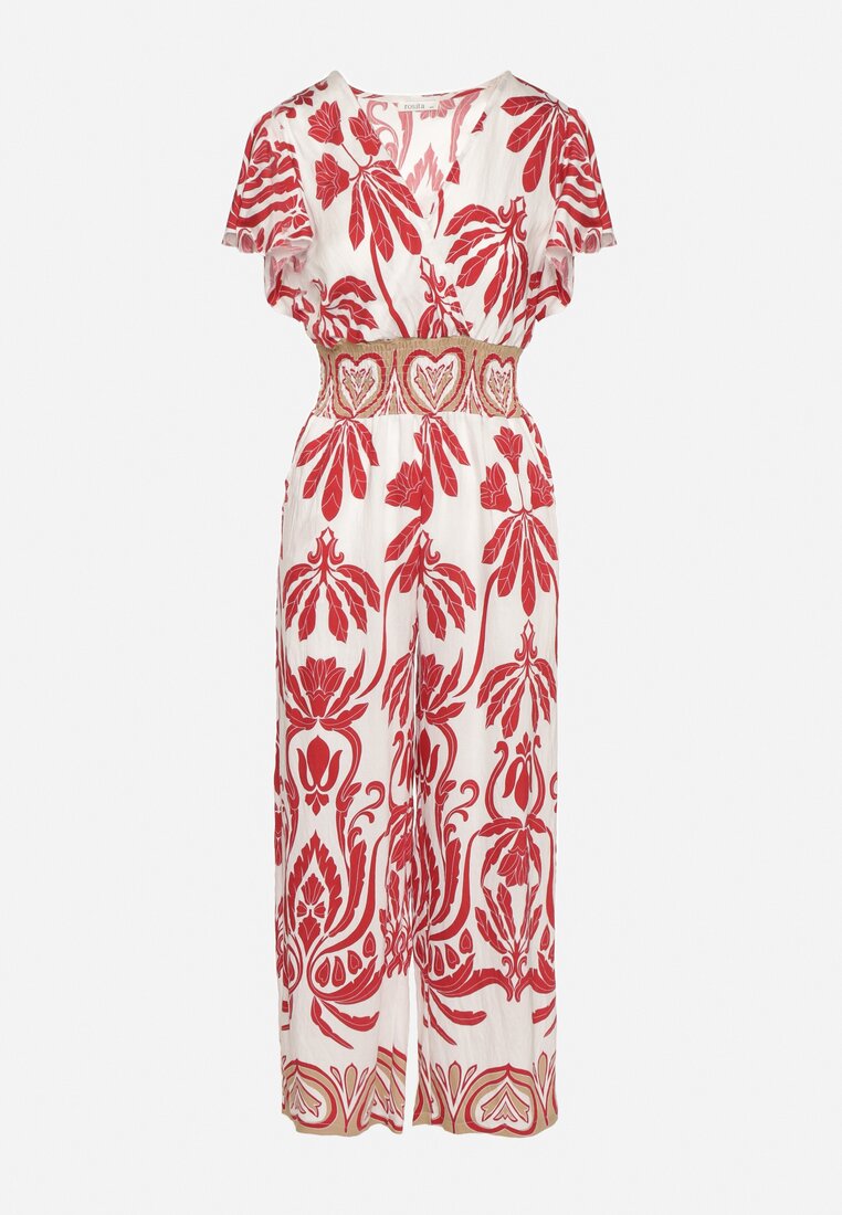 Bordowy Taliowany Kombinezon z Wiskozy w Print Boho z Kopertowym Dekoltem Nelazi