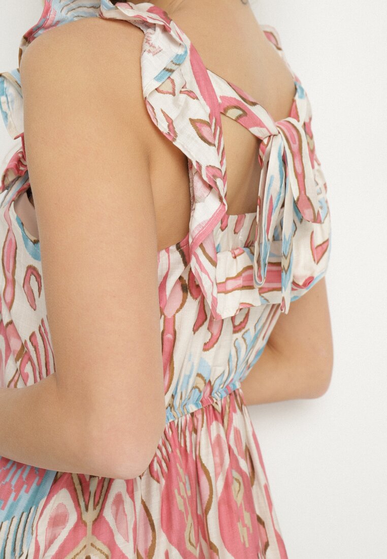 Różowa Rozkloszowana Sukienka z Wiskozą Wiązana na Plecach w Print Boho Turielia