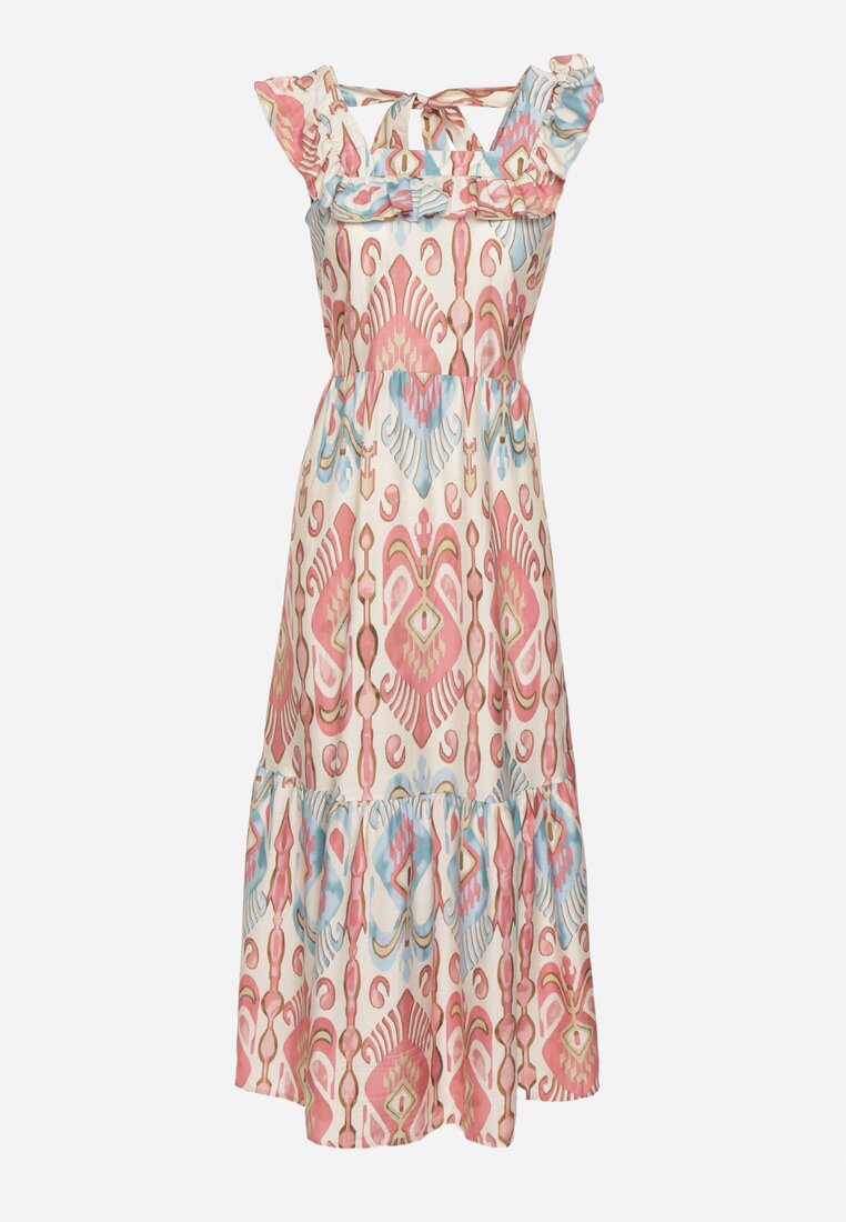 Różowa Rozkloszowana Sukienka z Wiskozą Wiązana na Plecach w Print Boho Turielia