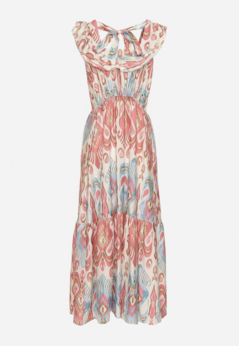 Różowa Rozkloszowana Sukienka z Wiskozą Wiązana na Plecach w Print Boho Turielia