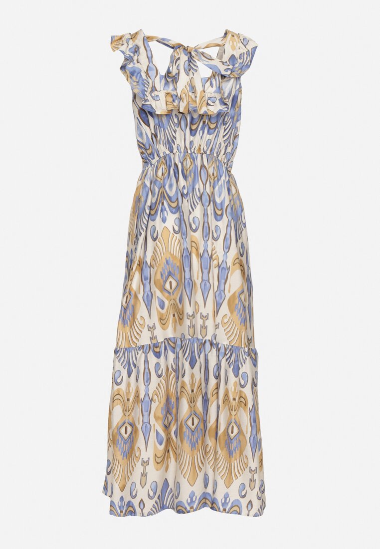 Niebieska Rozkloszowana Sukienka z Wiskozą Wiązana na Plecach w Print Boho Turielia