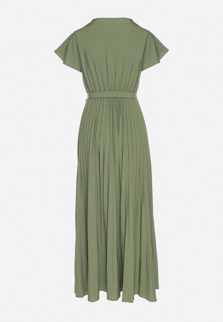 Ciemnozielona Elegancka Sukienka Maxi w Plisy z Kopertowym Dekoltem i Wiązaniem Thessi