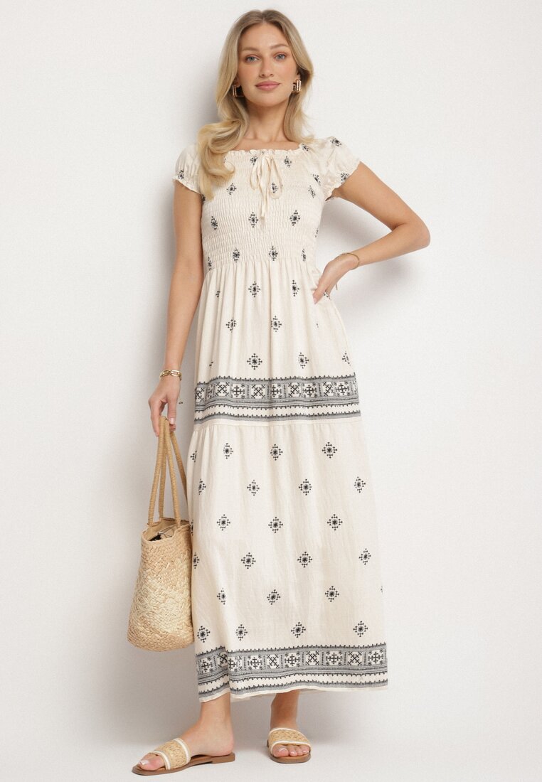Jasnobeżowa Sukienka z Wiskozy ze Wzorem Boho Ellirose
