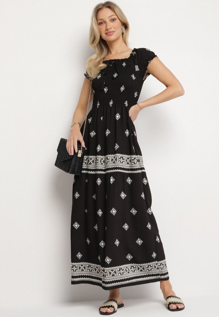Czarna Sukienka z Wiskozy ze Wzorem Boho Ellirose