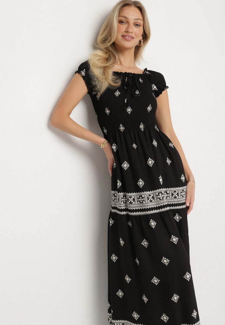 Czarna Sukienka z Wiskozy ze Wzorem Boho Ellirose