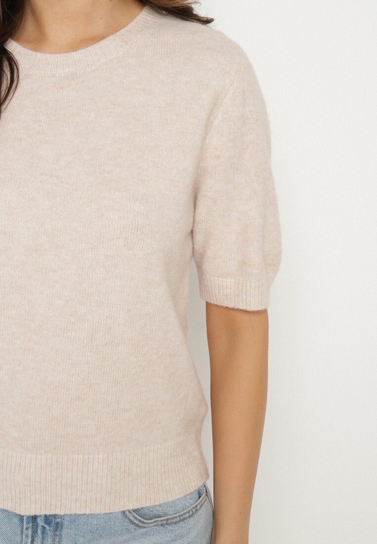 Beżowy Sweter z Wełną i Krótkim Rękawem Turosa