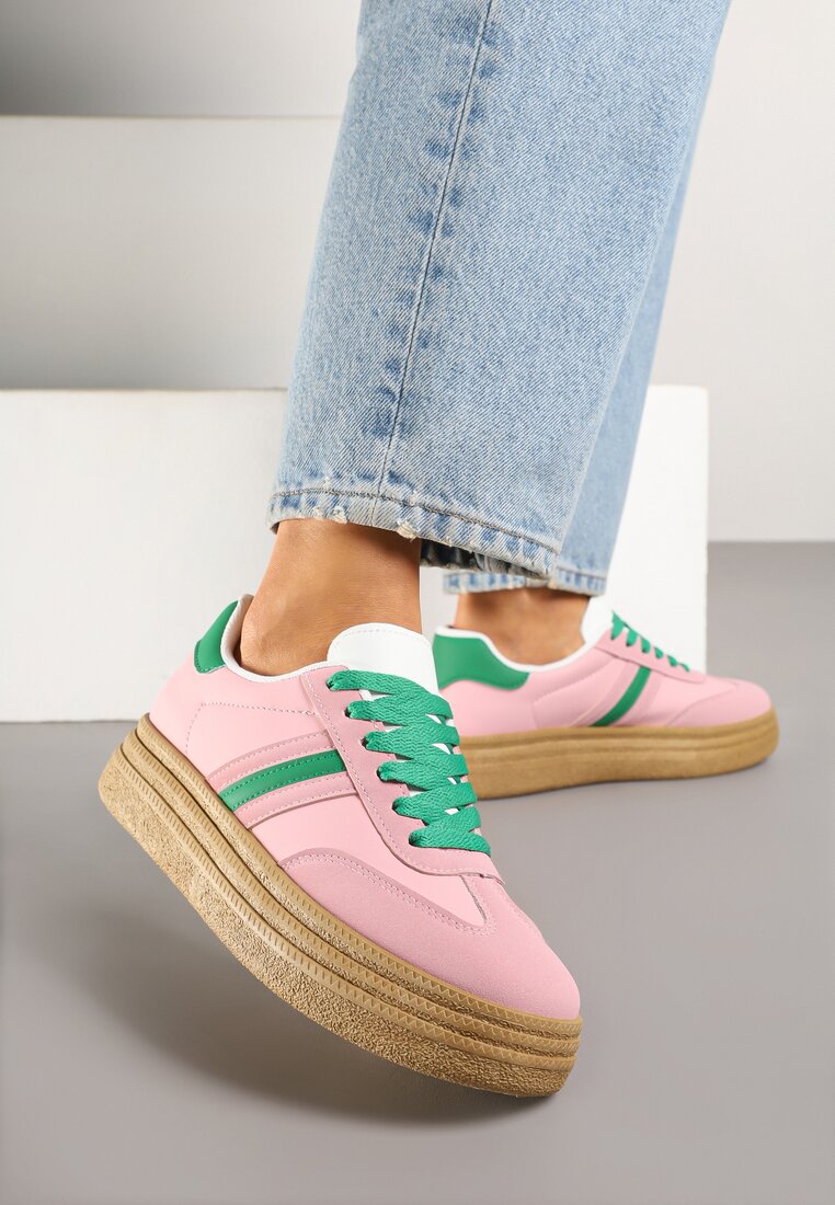 Różowe Sneakersy na Platformie w Stylu Kultowych Tenisówek Ozdobione Wzorem w Panterkę Gonoriel