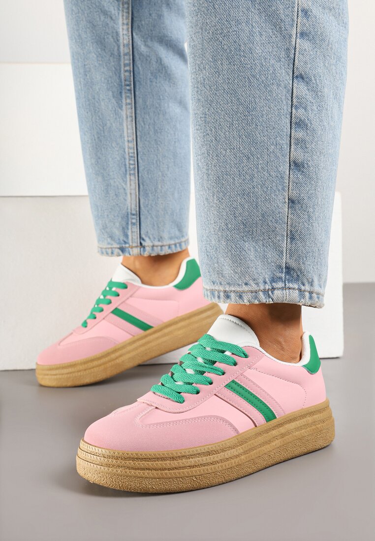 Różowe Sneakersy na Platformie w Stylu Kultowych Tenisówek Ozdobione Wzorem w Panterkę Gonoriel