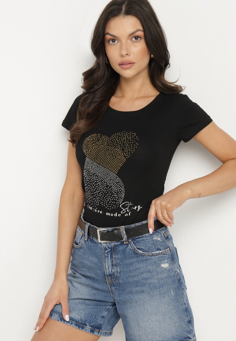 Czarny Bawełniany T-shirt Ozdobiony Cyrkoniami i Napisem Divera