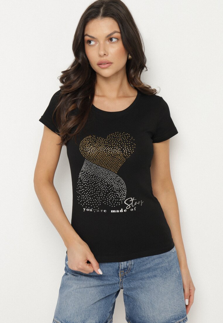Czarny Bawełniany T-shirt Ozdobiony Cyrkoniami i Napisem Divera