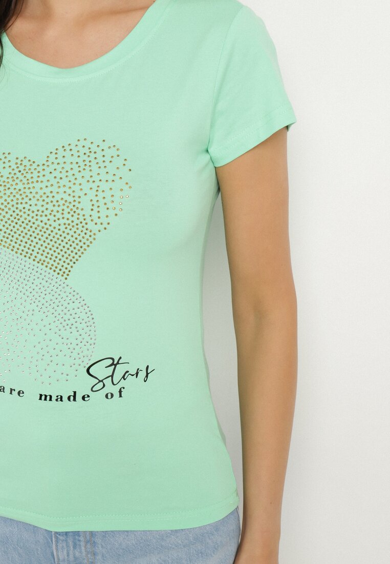 Jasnozielony Bawełniany T-shirt Ozdobiony Cyrkoniami i Napisem Divera
