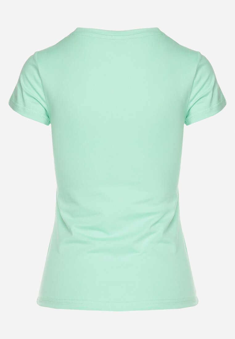 Jasnozielony Bawełniany T-shirt Ozdobiony Cyrkoniami i Napisem Divera