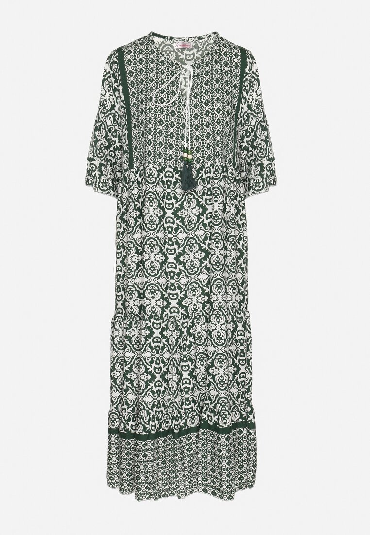 Zielona Bawełniana Sukienka w Stylu Boho z Wiązaniem Przy Dekolcie Orradelle