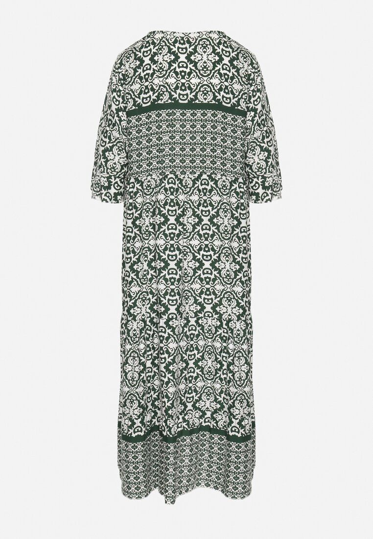 Zielona Bawełniana Sukienka w Stylu Boho z Wiązaniem Przy Dekolcie Orradelle
