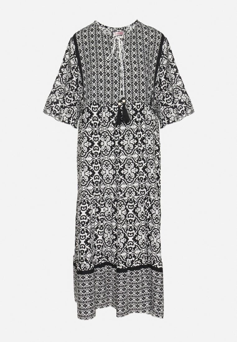 Czarna Bawełniana Sukienka w Stylu Boho z Wiązaniem Przy Dekolcie Orradelle