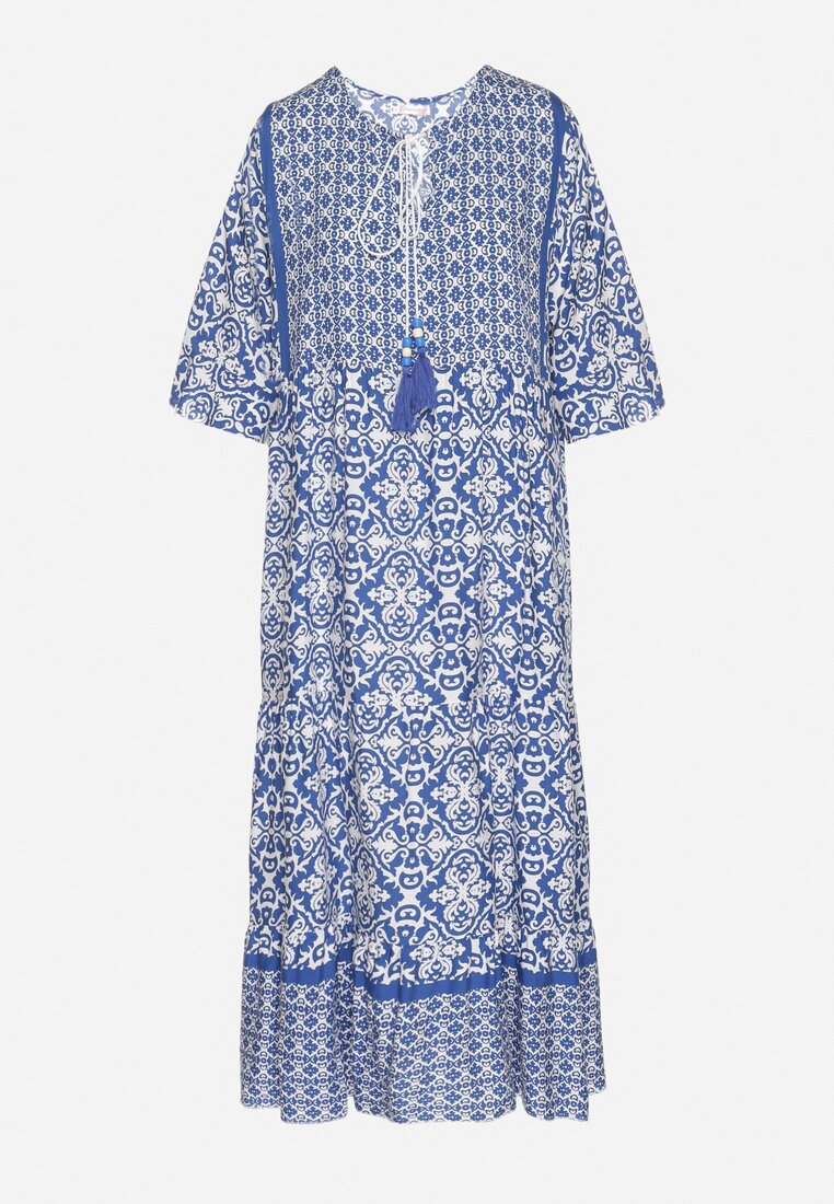Jasnoniebieska Bawełniana Sukienka w Stylu Boho z Wiązaniem Przy Dekolcie Orradelle