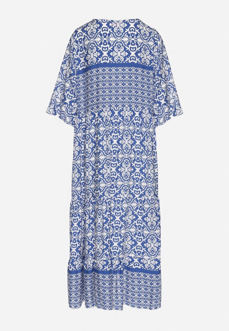 Jasnoniebieska Bawełniana Sukienka w Stylu Boho z Wiązaniem Przy Dekolcie Orradelle