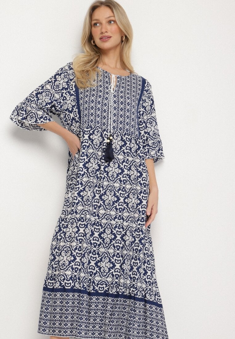 Granatowa Bawełniana Sukienka w Stylu Boho z Wiązaniem Przy Dekolcie Orradelle