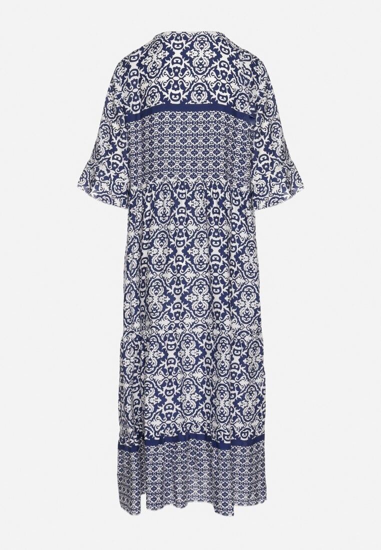 Granatowa Bawełniana Sukienka w Stylu Boho z Wiązaniem Przy Dekolcie Orradelle