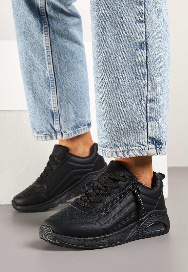 Czarne Sneakersy z Ozdobnym Suwakiem i Tłoczeniem Tosinelle
